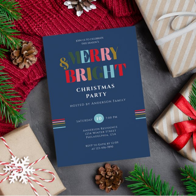 Merry & Bright Retro Colourful Blue Christmas Part Invitation (Creator Uploaded)