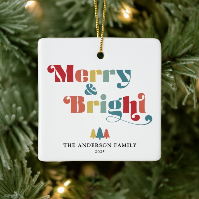 Merry & Bright Retro Colourful Christmas Ceramic Ornament (Tree)