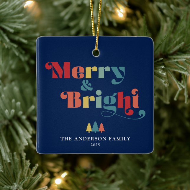 Merry & Bright Retro Colourful Christmas Ceramic Ornament (Tree)