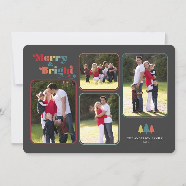Merry & Bright Retro Colourful Photo Christmas Hol Holiday Card (Front)