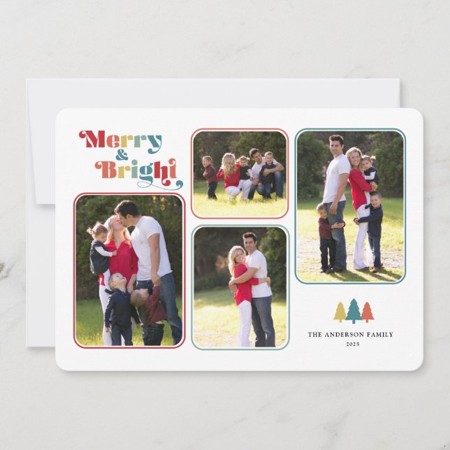 Merry & Bright Retro Colourful Photo Christmas Holiday Card (Front)