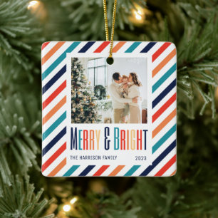 Merry & Bright Retro Colourful Stripes Photo  Ceramic Ornament