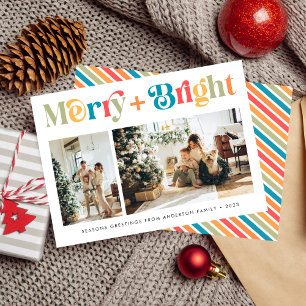 Merry & Bright Retro Colourful Two Photo Christmas Holiday Card