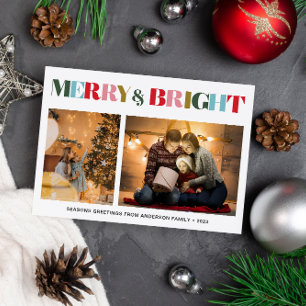 Merry & Bright Retro Colourful Two Photo Christmas Holiday Card