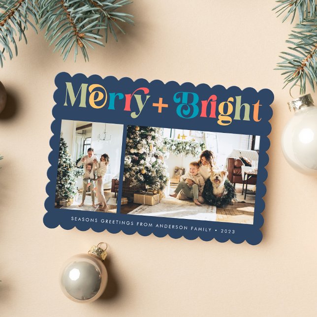 Merry & Bright Retro Colourful Two Photo Christmas Holiday Card (Creator Uploaded)