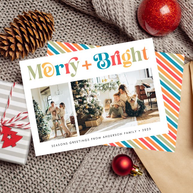 Merry & Bright Retro Colourful Two Photo Christmas Holiday Card (Creator Uploaded)