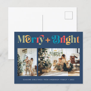 Merry & Bright Retro Colourful Two Photo Christmas Holiday Postcard