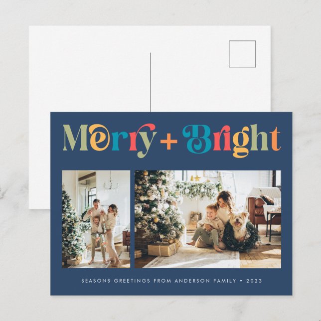 Merry & Bright Retro Colourful Two Photo Christmas Holiday Postcard (Front/Back)