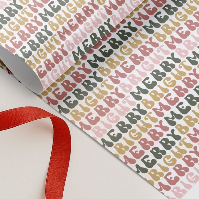 Merry & Bright Retro Colourful Typography Pattern Wrapping Paper (Groovy retro Merry & Bright Colorful Typography Design Gift Wrapping Paper)