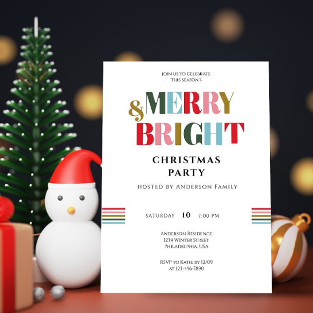 Merry & Bright Retro Colourful White ChristmasPart Invitation (Creator Uploaded)