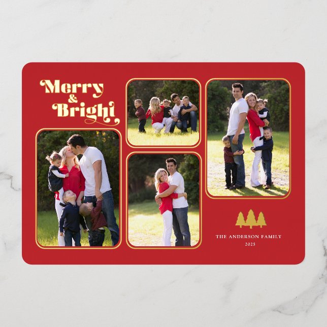 Merry & Bright Retro Gold Foil Photo Red Christmas Foil Holiday Card (Front)