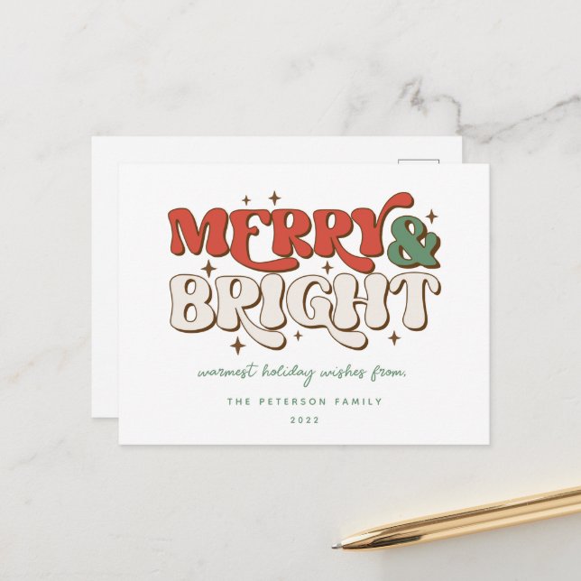 Merry & Bright Retro Holiday Postcard (Front/Back In Situ)