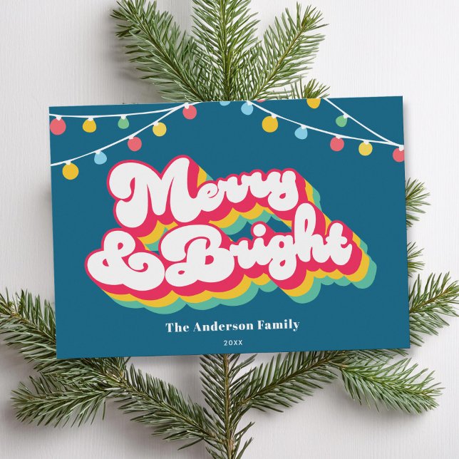 Merry & Bright Retro Non Photo Christmas Holiday Card (Creator Uploaded)
