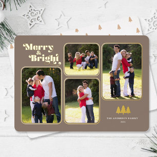 Merry & Bright Retro Photo Christmas Gold Foil Holiday Card