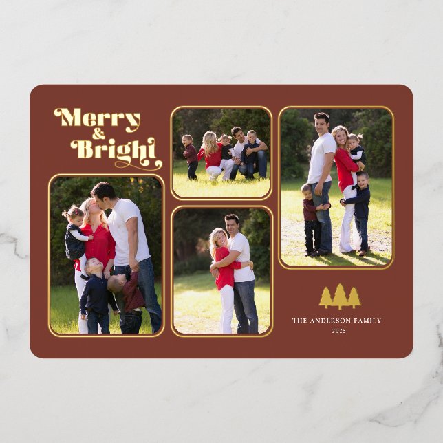 Merry & Bright Retro Photo Christmas Gold Foil Holiday Card (Front)
