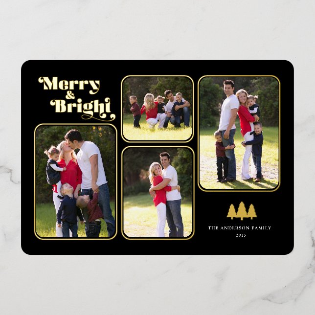 Merry & Bright Retro Photo Christmas Gold Foil Holiday Card (Front)
