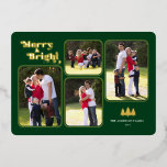 Merry & Bright Retro Photo Green Christmas Gold Foil Holiday Card<br><div class="desc">This Christmas card features the text "Merry & Bright" appearing in a fun retro gold foil font on a dark green background.  The design offers 4 photo frames for you favourite pictures. Photography © Storytree Studios,  Stanford,  CA</div>