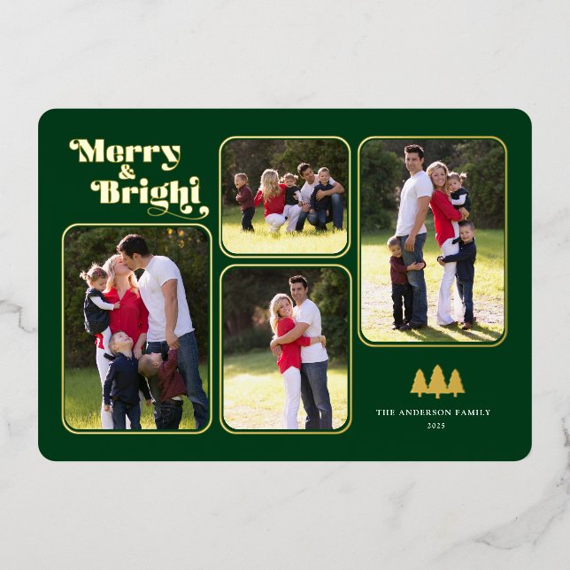 Merry & Bright Retro Photo Green Christmas Gold Foil Holiday Card (Front)