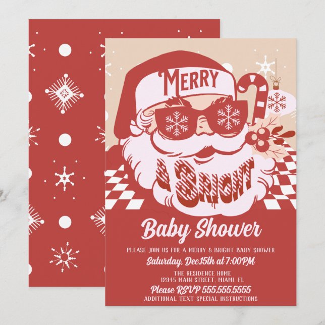 Merry Bright Retro Santa Christmas Baby Shower Red Invitation (Front/Back)