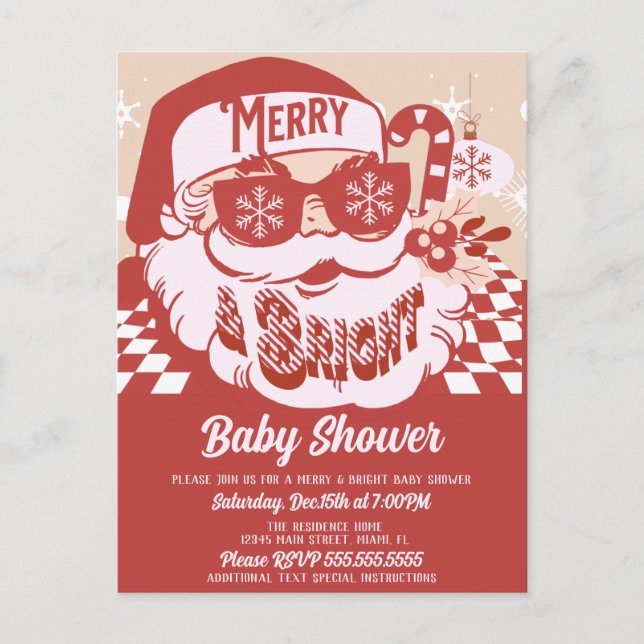 Merry Bright Retro Santa Christmas Baby Shower Red Postcard (Front)