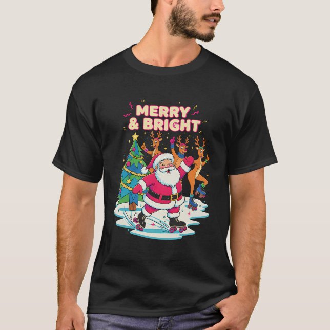 Merry & Bright Roller Skate Santa T-Shirt (Front)