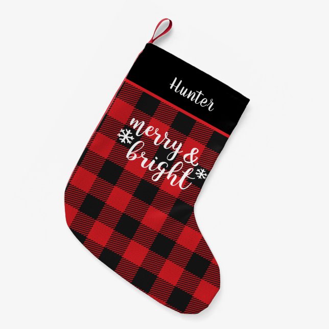Merry & Bright Rustic  Buffalo Plaid Personalised Small Christmas Stocking (Front (Hanging))