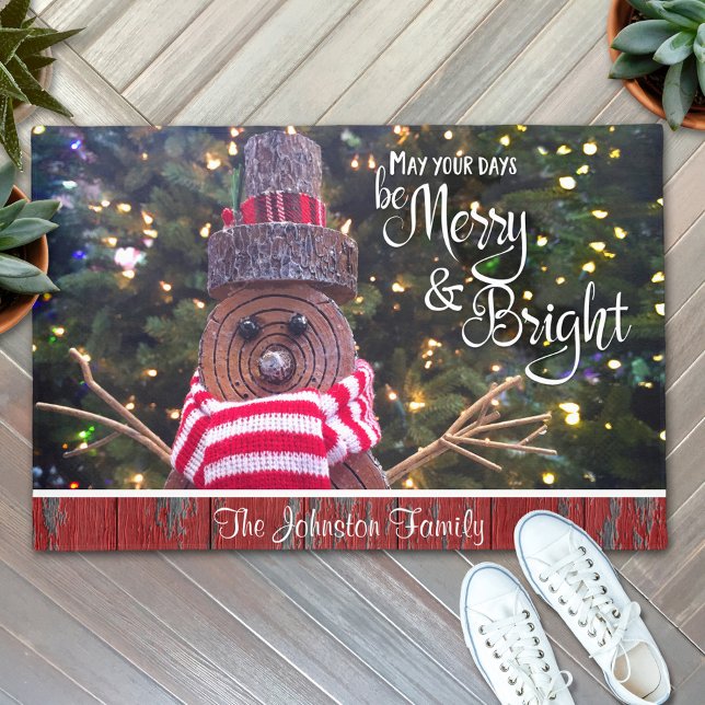 “Merry & Bright” Rustic Log Snowman Add Your Name Doormat (Creator Uploaded)