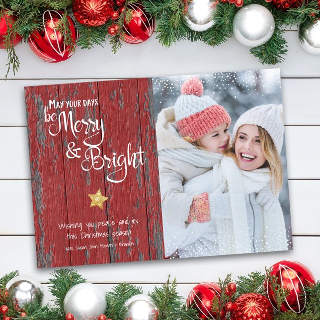Merry Bright Rustic Red Wood Script Custom Photo Holiday Card (Creator Uploaded)