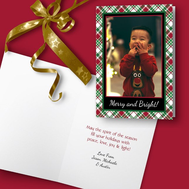 Merry & Bright Rustic Tartan or Plaid Photo Holiday Card (In Situ with Ribbon)