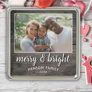 Merry & Bright Rustic Wood Family Photo Metal Tree Decoration