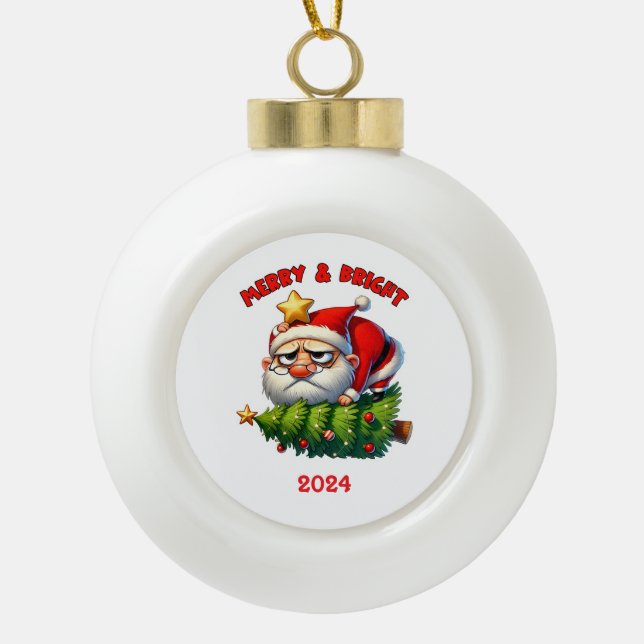 Merry & Bright Santa Ceramic Ball Christmas Ornament (Front)