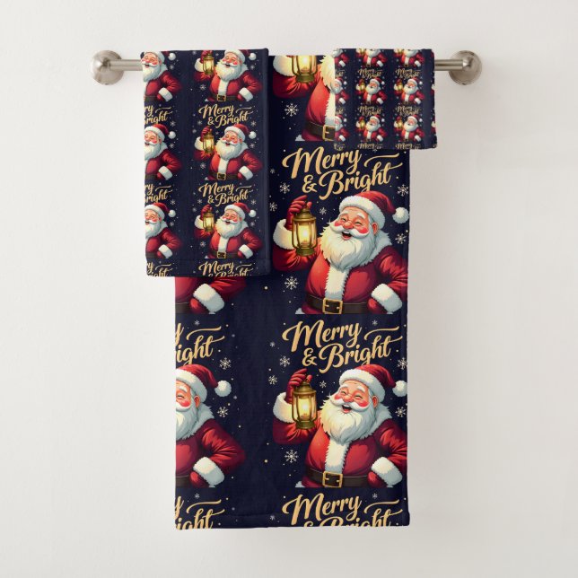 Merry Bright Santa Holding Lantern Illustration Bath Towel Set (Insitu)