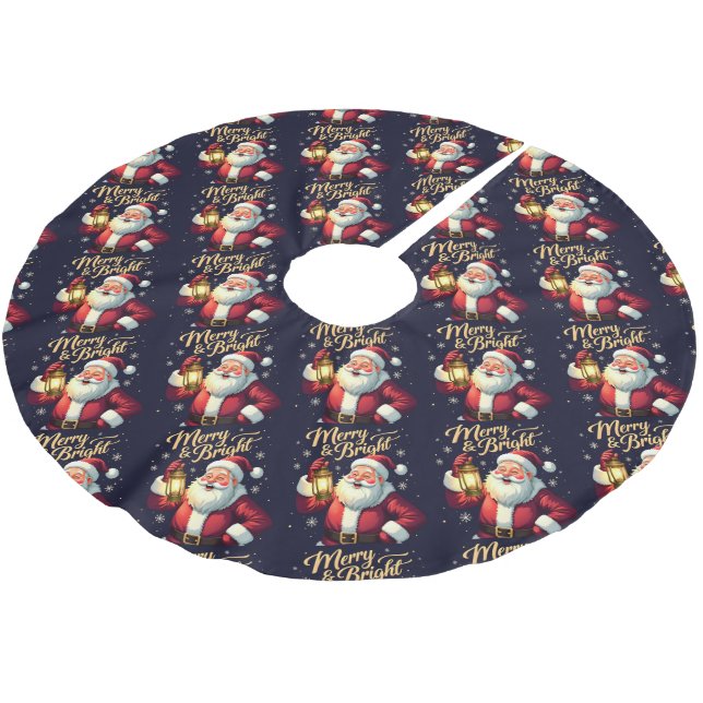 Merry Bright Santa Holding Lantern Illustration Brushed Polyester Tree Skirt (Angled)
