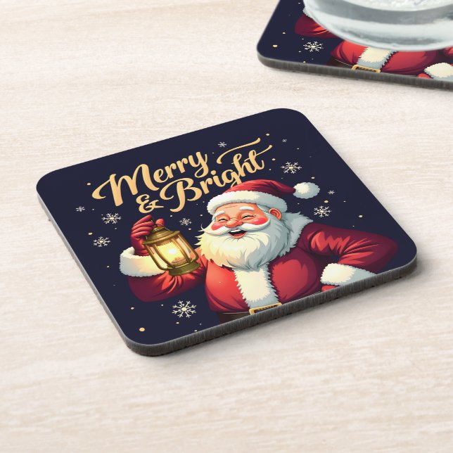 Merry Bright Santa Holding Lantern Illustration Coaster (Left Side)