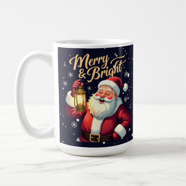 Merry Bright Santa Holding Lantern Illustration Coffee Mug (Left)