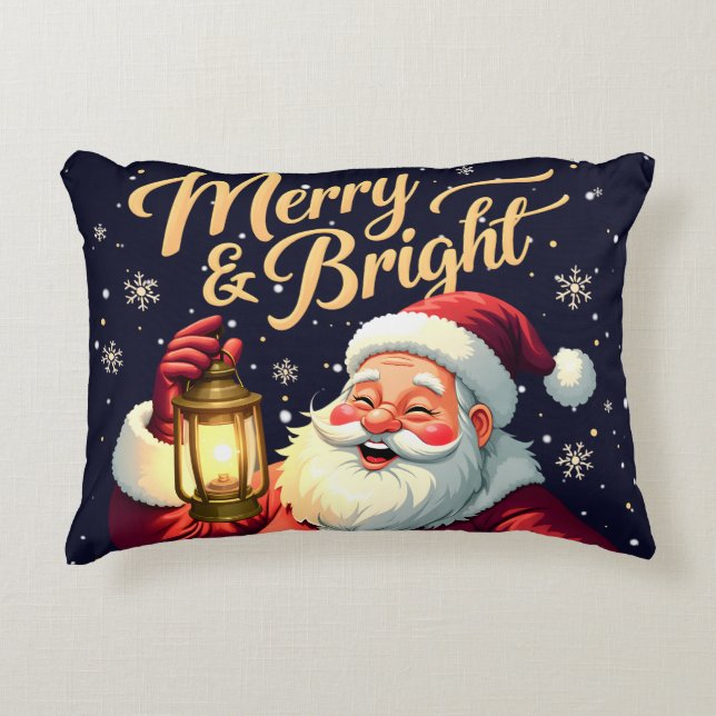 Merry Bright Santa Holding Lantern Illustration Decorative Cushion (Front)