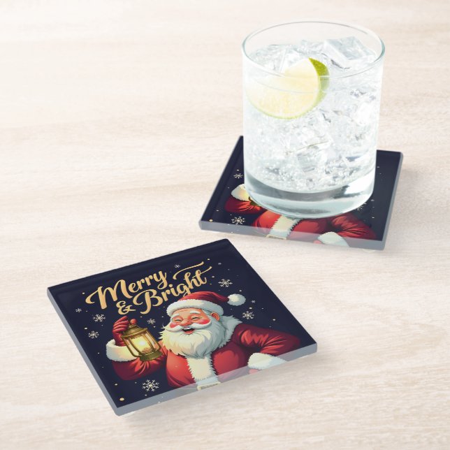 Merry Bright Santa Holding Lantern Illustration Glass Coaster (Angled)