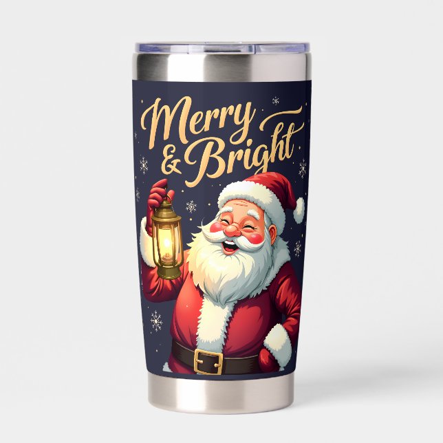 Merry Bright Santa Holding Lantern Illustration Insulated Tumbler (Front)