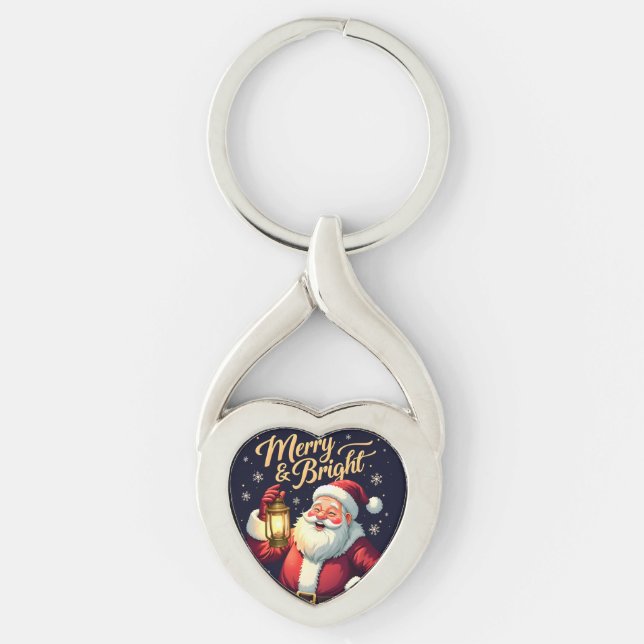 Merry Bright Santa Holding Lantern Illustration Key Ring (Front)