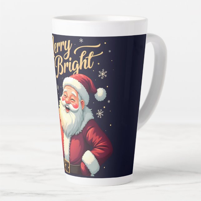 Merry Bright Santa Holding Lantern Illustration Latte Mug (Right Angle)