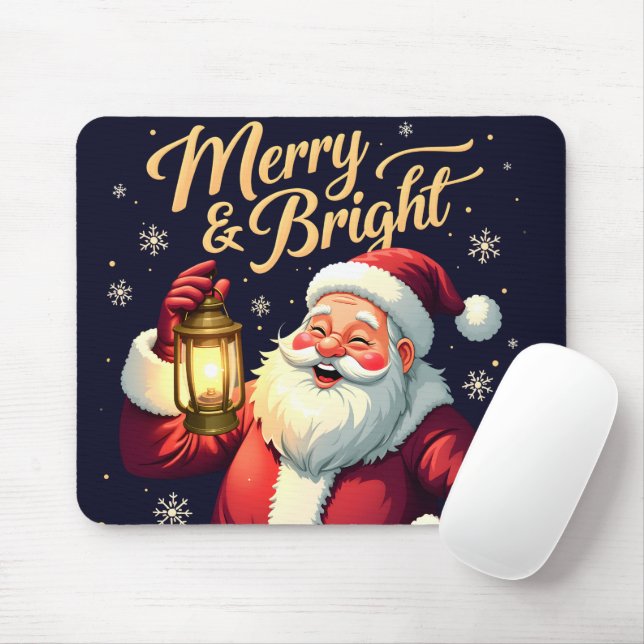Merry Bright Santa Holding Lantern Illustration Mouse Mat (With Mouse)