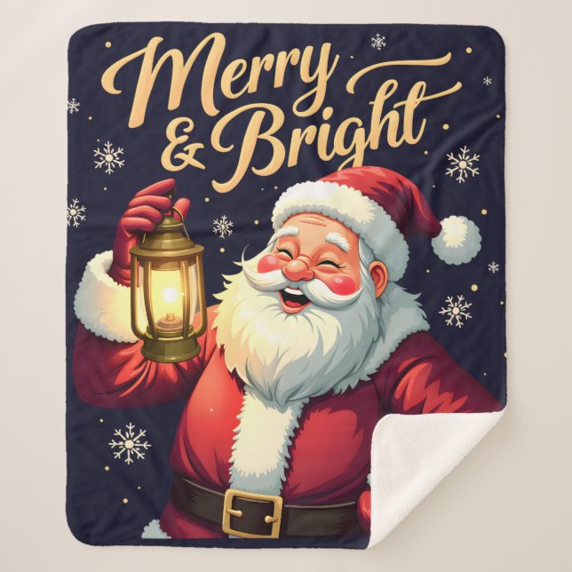 Merry Bright Santa Holding Lantern Illustration Sherpa Blanket (Front)