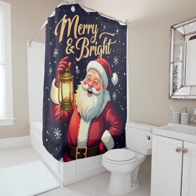 Merry Bright Santa Holding Lantern Illustration Shower Curtain (In Situ)