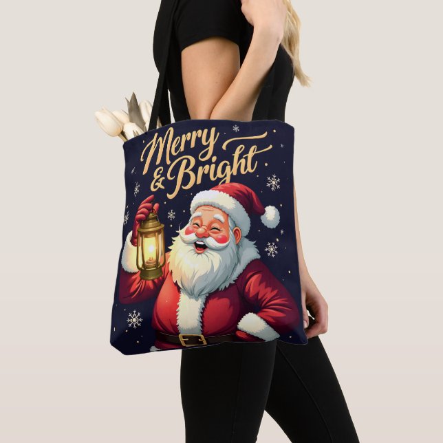 Merry Bright Santa Holding Lantern Illustration Tote Bag (Close Up)