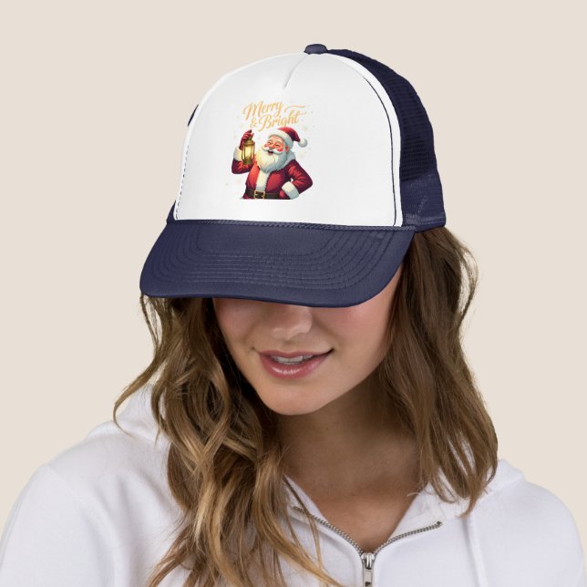 Merry Bright Santa Holding Lantern Illustration Trucker Hat (In Situ)