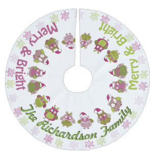 Merry & Bright Santa Owls YOUR NAME Tree Skirt