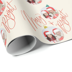 Merry & Bright script and photo ornaments design Wrapping Paper