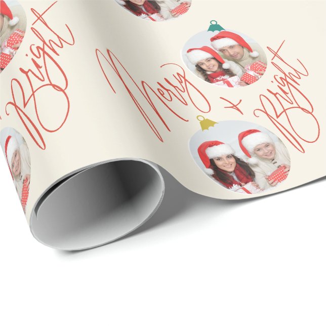 Merry & Bright script and photo ornaments design Wrapping Paper (Roll Corner)