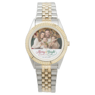 Merry & Bright Script Custom Photo Women's Watch