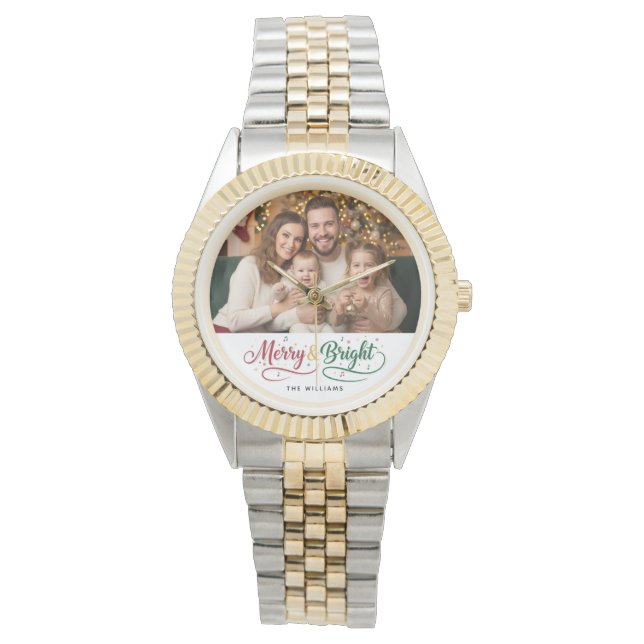 Merry & Bright Script Custom Photo Women's Watch (Front)